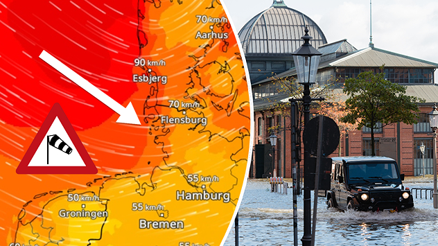 Das Bild zeigt links das WindRadar mit Sturmböen an der Nordsee, rechts ist ein Archivbild des überfluteten Fischmarktes zu sehen.