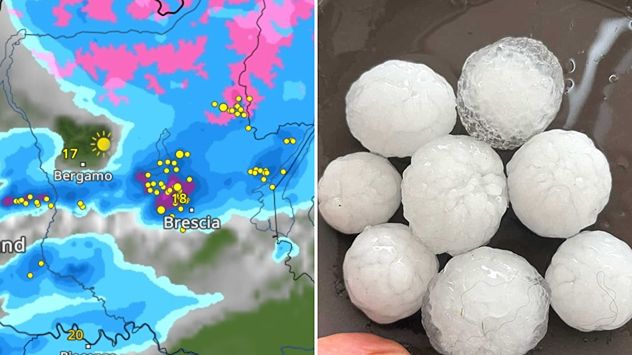 Image radar montrant une cellule orageuse au-dessus du nord de l'Italie, près de Brescia et de Bergame. À côté, plusieurs gros grains de grêle blancs dans une main.
