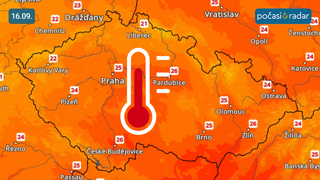 Předpověď maximálních teplot v Česku na středu 16. září: Středa přinese vysoké odpolední teploty až kolem 25 °C, studená fronta od severozápadu však přinese ochlazení.