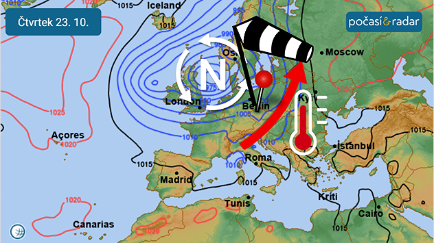 Předpověď synoptické situace nad Evropou na čtvrtek 23. 10. Počasí v Česku bude po většinu tohoto týdne ovlivňovat oblast nízkého tlaku vzduchu nad severozápadní Evropou, po jejímž předním okraji k nám bude proudit teplý a vlhký vzduch od jihozápadu.