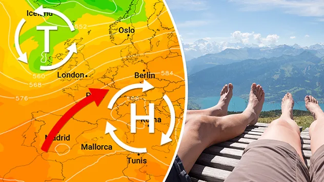 Die Wetterkarte zeigt ein Hoch und ein Tiefdruckgebiet. Genau dazwischen ist ein roter Pfeil, der warme Luft von Spanien in Richtung Mitteleuropa anzeigt.