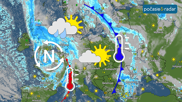 Satelitno-synoptická mapa Európy s tlakovou nížou nad západnou Európou, frontálnymi rozhraniami, červeným a modrým teplomerom a ikonami dažďa, oblačnosti a slnka.