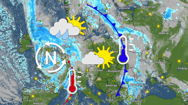 Satelitno-synoptická mapa Európy s tlakovou nížou nad západnou Európou, frontálnymi rozhraniami, červeným a modrým teplomerom a ikonami dažďa, oblačnosti a slnka.