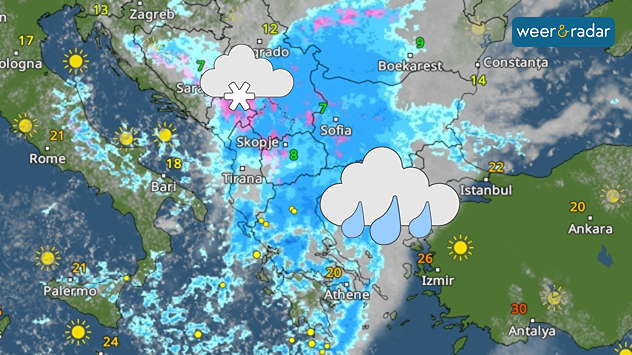 De WeerRadar toont volop neerslag boven Zuidoost-Europa. Daar staat een wolk met drie regendruppels ingetekend. Boven de bergen een wolk met wat sneeuw, omdat de WeerRadar daar paarse (sneeuw) kleuren toont.