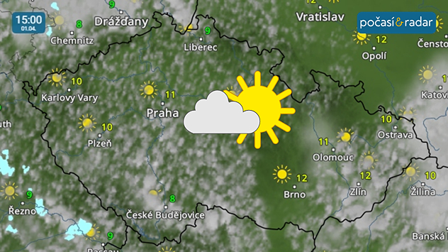 Meteoradar, screenshot, 1. 4. 15:00: První dubnový den do Česka přinese poměrně slunečné počasí s odpoledními teplotami kolem 12 °C.