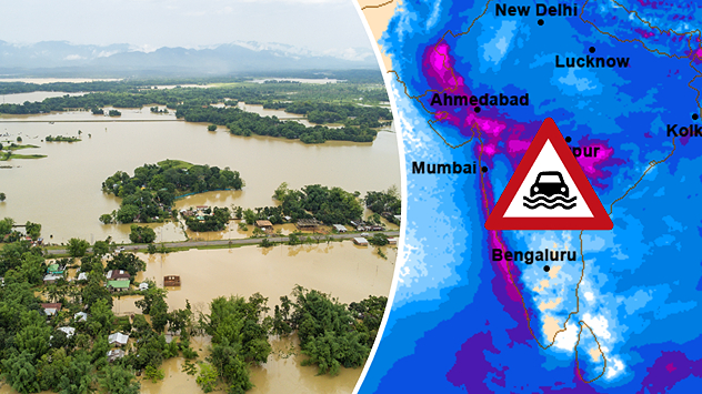 Split image: On the left, flooded villages and fields can be seen in a vast landscape. On the right, a weather map of India shows heavy rainfall, along with a warning sign featuring a car in floodwater.