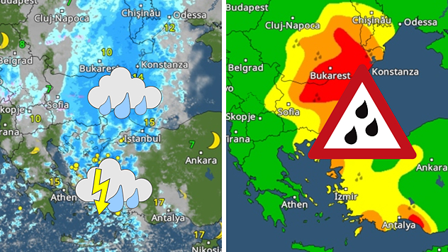 Radar météo avec zones de pluie et d'orage au-dessus du sud-est de l'Europe, à côté carte avec niveaux d'alerte pour la dépression Barbara.