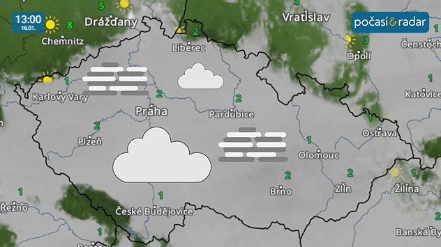 Meteoradar, screenshot, 16. 1. 13:00: V pátek u nás bude panovat zataženo nízkou oblačností, místy mlhavo; sluneční paprsky se ukážou hlavně na horách, na Frýdlantsku a Jesenicku.