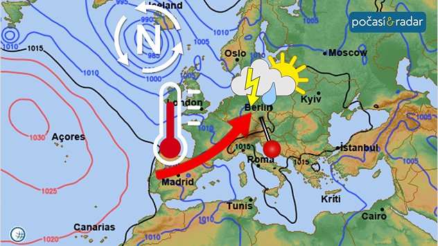 Předpověď synoptické situace nad Evropou, středa 27. 8.:Zbytky hurikánu Erin příští týden doputují ve formě hluboké tlakové níže až nad severozápadní Evropu. Po přední straně této níže začne do střední Evropy postupně proudit teplý a vlhký vzduch od jihozápadu až jihu.
