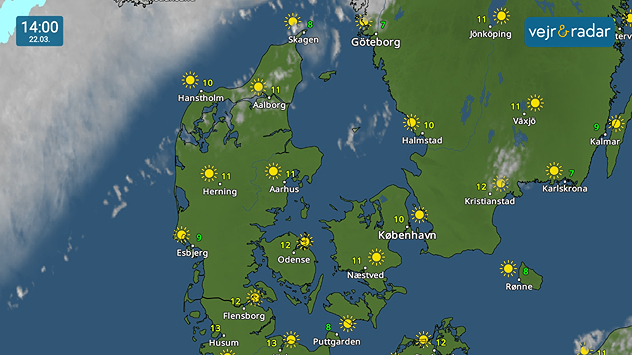 Vejrkort over Danmark kl. 14.00 den 22. marts med solrigt vejr og temperaturer omkring 10 til 12 grader.