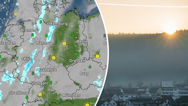 WetterRadar-Grafik mit Schauern und sonnigen Bereichen über Deutschland. Daneben ein nebliger Morgen mit Sonnenaufgang über einer Stadt. Kombination aus Wetterkarte und realer Wetterstimmung.