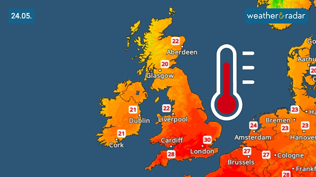 Temperature map of the UK and western Europe on 24.05 showing widespread warm orange and red conditions, with temperatures reaching 30°C near London and a large thermometer icon beside the map.