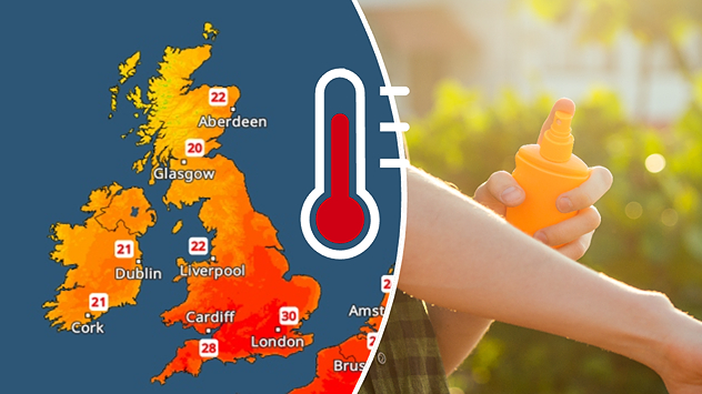 Split graphic showing a warm temperature map of the UK on the left with temperatures reaching 30°C near London, and a person applying sunscreen in bright sunshine on the right beside a thermometer icon.