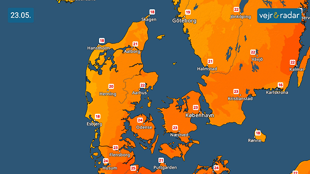 VejrRadar over Danmark den 23. maj med sommerlige temperaturer mellem 18 og 25 grader.