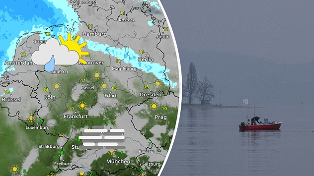 Links: WetterRadar-Karte vom 9. Dezember mit Regen im Nordwesten, Nebel im Süden und Sonne im Westen. Rechts: Fischer im Boot auf nebligem See – ruhige, feuchtkalte Wetterstimmung.