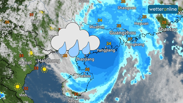 Im WetterRadar sind heftige Regenfälle im Bereich des Taifuns zu sehen