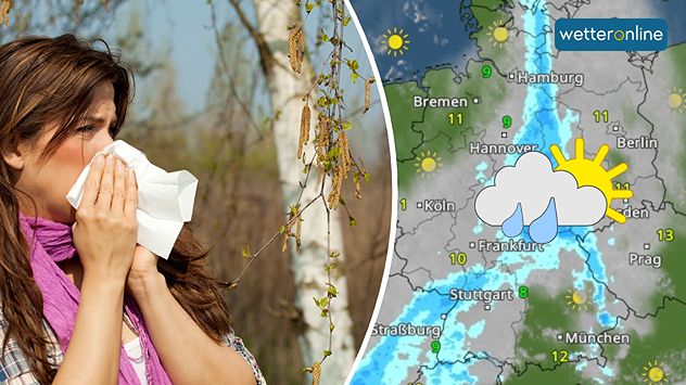 Geteilte Grafik: links eine Frau mit Taschentuch vor blühenden Birkenkätzchen, rechts eine WetterRadar-Karte von Deutschland mit Sonne-Wolken-Regen-Symbol.