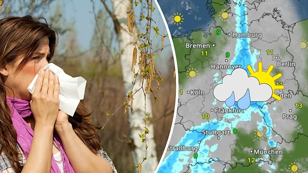 Geteilte Grafik: links eine Frau mit Taschentuch vor blühenden Birkenkätzchen, rechts eine WetterRadar-Karte von Deutschland mit Sonne-Wolken-Regen-Symbol.