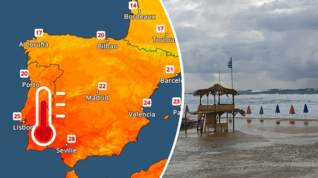 Split image: On the left, the temperature radar for Spain and Portugal shows readings of up to 28 degrees. On the right, waves crash onto a flooded beach dotted with parasols and sun loungers amid stormy weather.
