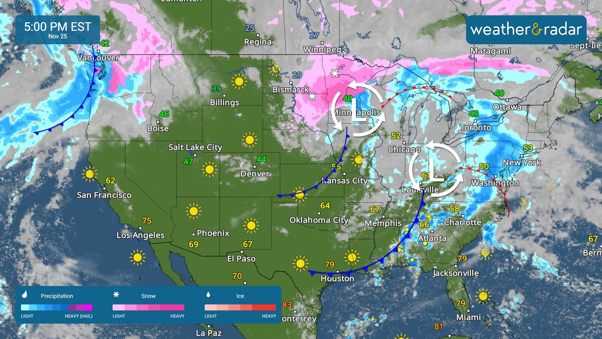 The WeatherRadar shows rain and mountain snow in the Pacific Northwest, a system moving through the upper Midwest, bringing rain and snow, and a system bringing strong storms to the Southeast.