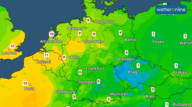 Farbige Temperaturkarte mit milden Werten im Westen und kühlen Temperaturen im Osten Mitteleuropas.
