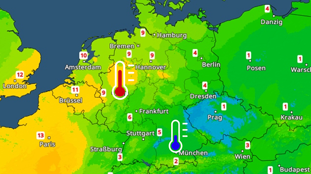 Farbige Temperaturkarte mit milden Werten im Westen und kühlen Temperaturen im Osten Mitteleuropas.