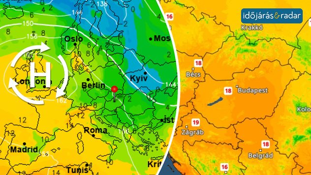 Nyomási térkép és hőmérsékleti maximum térkép jobb oldalon