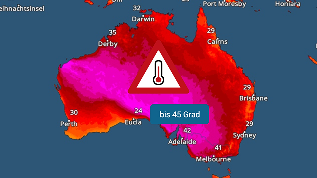 Radar de température de l'Australie avec des valeurs maximales très élevées. De vastes zones sont colorées en rouge et violet. Un symbole d'alerte indique une chaleur extrême pouvant atteindre 45 degrés.