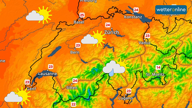 Eine Temperaturkarte von der Schweiz zeigt im Flachland um 23 Grad an, dazu sind Sonnensymbolen mit kleinen Wolken zu sehen. Nur über den Bergen sind Wolken-Tropfen-Symbole. 