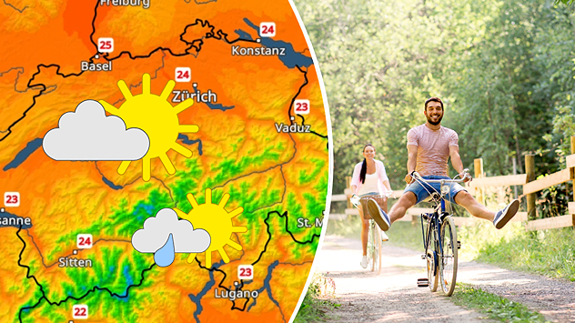 Links: Temperaturkarte Schweiz mit Sonne-Wolken-Wettersymbolen; Rechts: Ein Mann und eine Frau bei einem Fahrradausflug