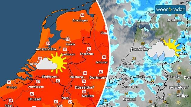 Een dubbele afbeelding met links de TemperatuurRadar voor zaterdag met 25 tot 27 graden boven Nederland. Een zon met wolk is ingetekend. Rechts de WeerRadar voor zondag met wat zon, veel wolken en buien zichtbaar. Dat symbool is ook ingetekend. 