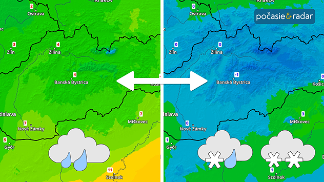 Teplotný radar zobrazujúci výrazné skoky v teplote, ktoré zapríčinia časté zmeny skupenstva zrážok.