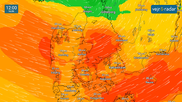 VindRadarkort viser kraftig blæst over Danmark tidligt tirsdag d. 16. september.
