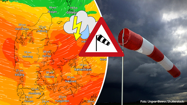 VindRadarkort viser kraftig blæst og torden over Danmark med vindpose i stormvejr.