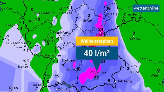 Regensummenkarte von 20 Uhr bis 8 Uhr für Bayern