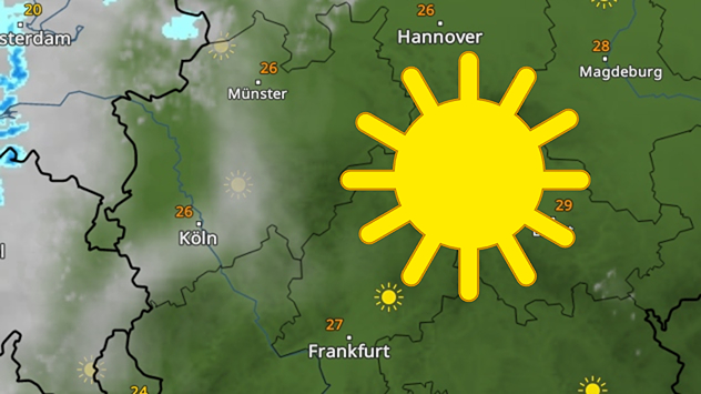 Wetterkarte zeigt Sonne und Temperaturen bis 29 °C in West- und Mitteldeutschland.