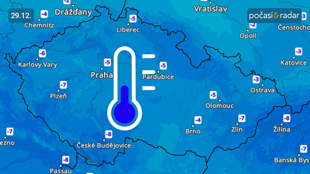 Předpověď minimálních teplot v Česku na pondělí 29. 12. V noci z neděle na pondělí poklesnou minimální teploty v Česku k hodnotám kolem −5 °C.