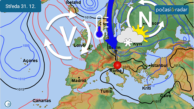 Předpověď synoptické situace nad Evropou na středu 31. 12. V příštím týdnu bude do Česka pravděpodobně proudit studený a vlhký vzduch od severu mezi tlakovou výší nad severozápadní Evropou a rozsáhlou tlakovou níží se středem nad severovýchodní Evropou.