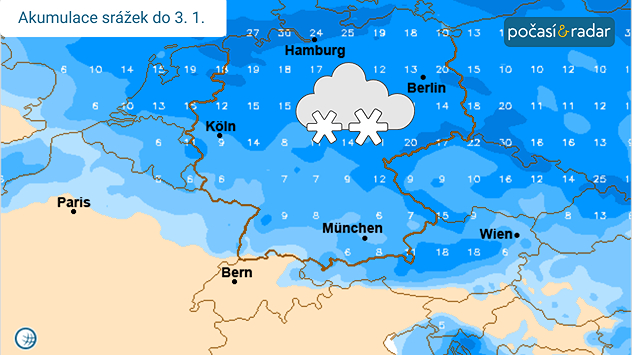 Předpokládaná akumulace srážek nad částí střední Evropy dle modelu ECMWF do soboty 3. ledna. Během příštího týdne by se v Česku měly po delší době vyskytovat významnější srážky, většina z nich bude pravděpodobně padat ve formě sněžení.