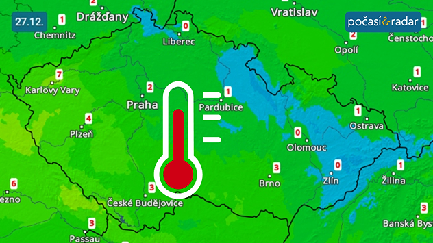 Předpověď maximálních teplot v Česku na sobotu 27. 12. Nejvyšší denní teploty se v Česku v sobotu dostanou nejčastěji k 0 až 5 °C, na západě území ojediněle i výše.