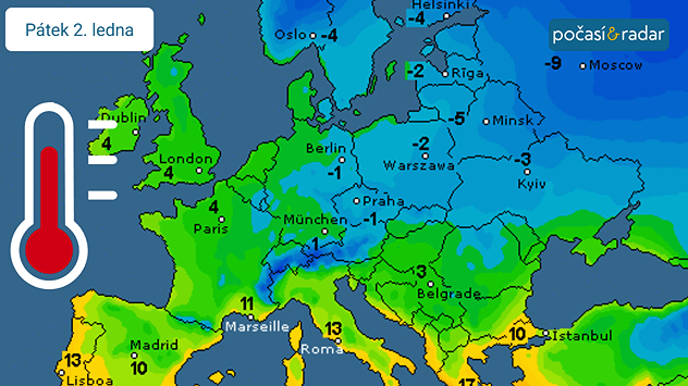 Předpověď maximálních teplot v Evropě na pátek 2. ledna: V příštím týdnu se bude do Česka pravděpodobně dostávat studený vzduch od severu a v některých dnech u nás pravděpodobně zavládnou celodenní mrazy i v nížinách.
