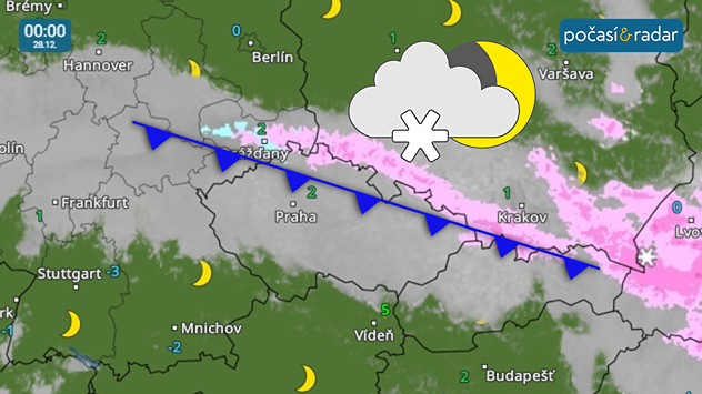 Meteoradar, screenshot, 28. 12. 0:00: V noci na neděli bude přes Česko přecházet slabá studená fronta – slabé sněžení přinese místy hlavně na severu a severovýchodě našeho území.