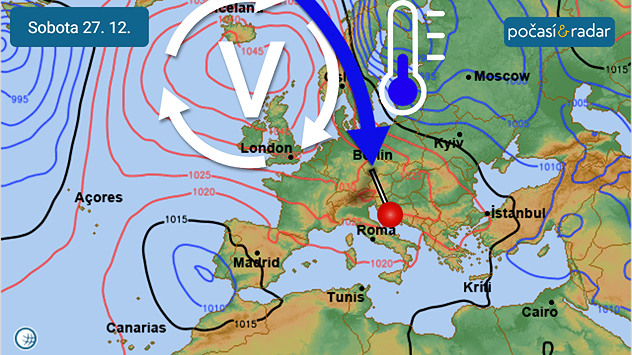 Synoptická situace nad Evropou, sobota 27. 12. Do Česka se v těchto dnech dostává chladný vzduch od severu kolem rozsáhlé tlakové výše nad severozápadní Evropou.
