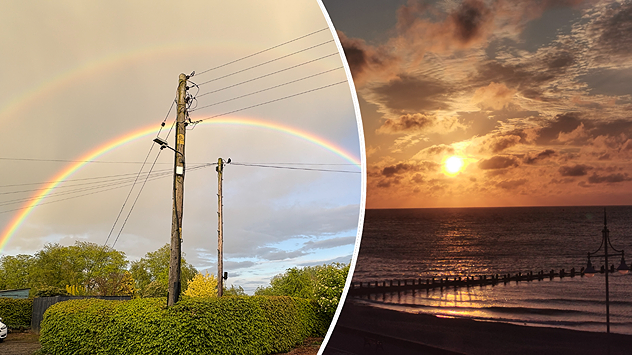 Split image showing a bright rainbow above a residential street on the left and a dramatic ocean sunrise with glowing clouds and reflections on the sea on the right.