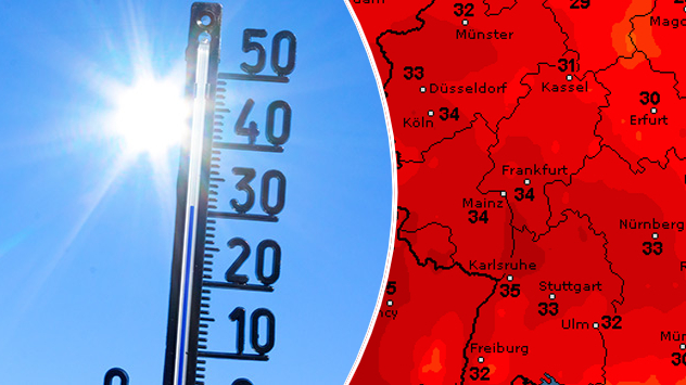 Thermometer vor blauem Himmel und Temperaturkarte für Montag