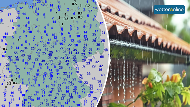Links eine Karte mit den Regensummen der letzten 72 Stunden, rechts ein Bild mit Regenwetter.