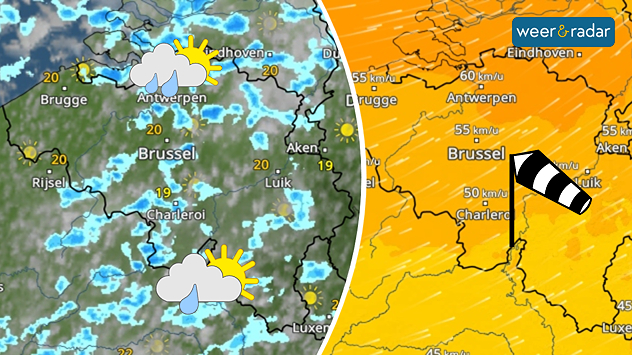Links de WeerRadar met zon, wolken en buien (de meeste in het noorden). Hiervoor zijn deze symbolen ingetekend. Rechts de WindRadar die geel-oranje kleurt bij windstoten van 50 tot 60 km/u. Een windvaan is ingetekend.