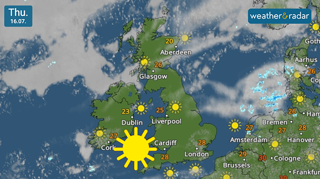 Satellite weather map of the UK and Ireland on Thursday 16.07 showing widespread sunshine across both countries, with temperatures ranging from 20°C in northeast Scotland to 28°C in southern England and 23 to 27°C across Ireland, alongside a large sunshine icon.