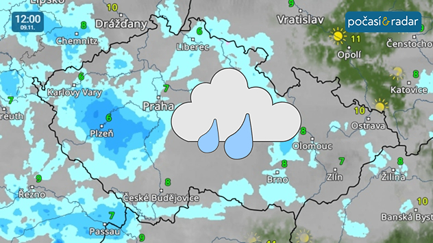 Meteoradar, screenshot, 9. 11. 12:00: Počasí v Česku se tento víkend ocitá pod vlivem výškové tlakové níže. To se v neděli projeví sychravým a vlhkým počasím s denními teplotami do 10 °C.