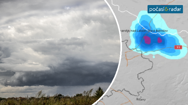 Záběr na radar a přeháňku.
